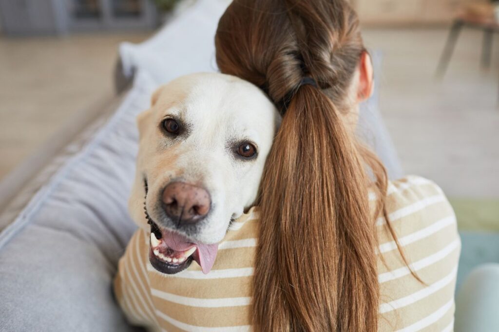 Dog, owner hugging happily. A woman hugging a smiling dog